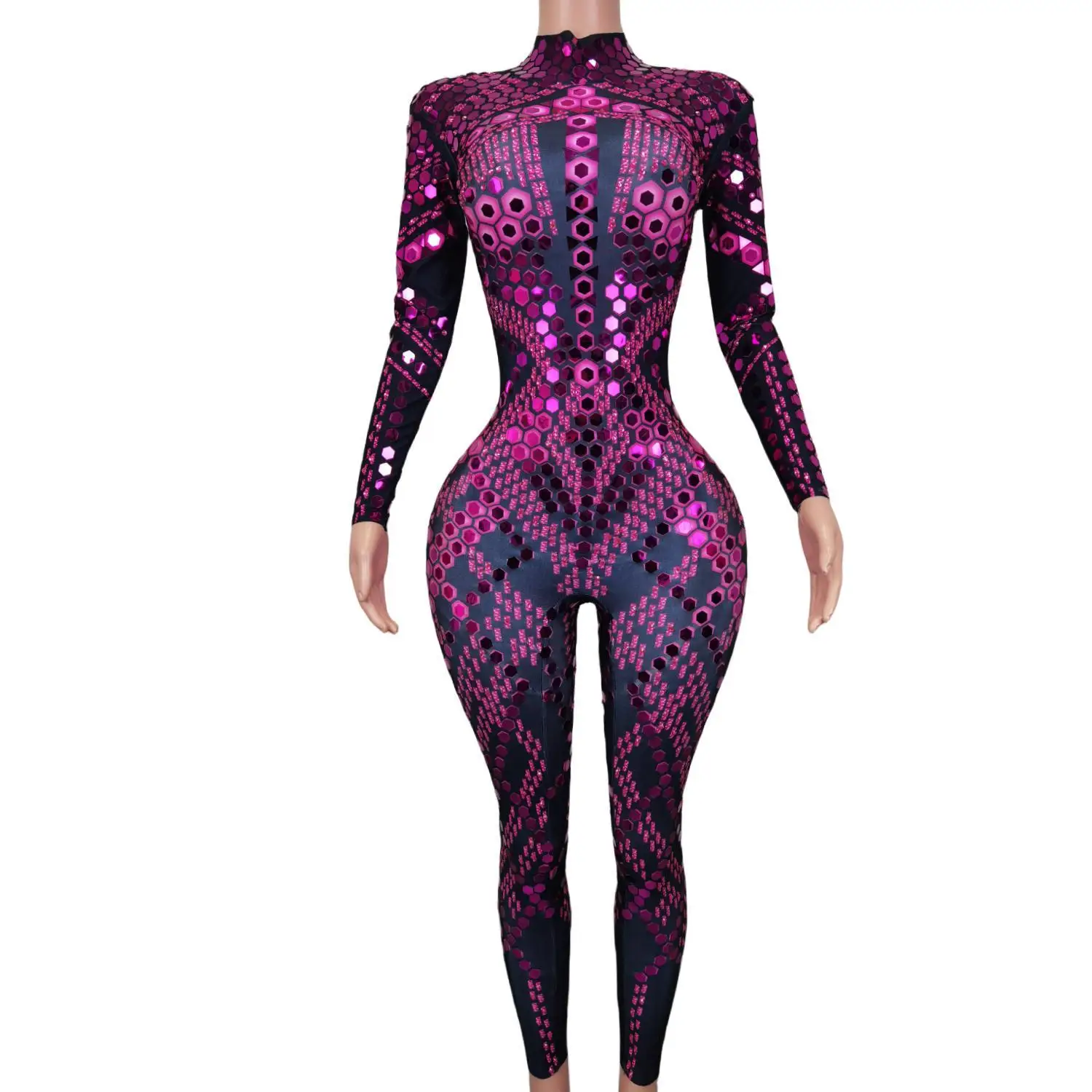 

Women Spandex Rompers Bodycon Stage Costumes Performance Pruple Mirror Leotards Shining Rhinestone Ladies Jumpsuit Liubianku