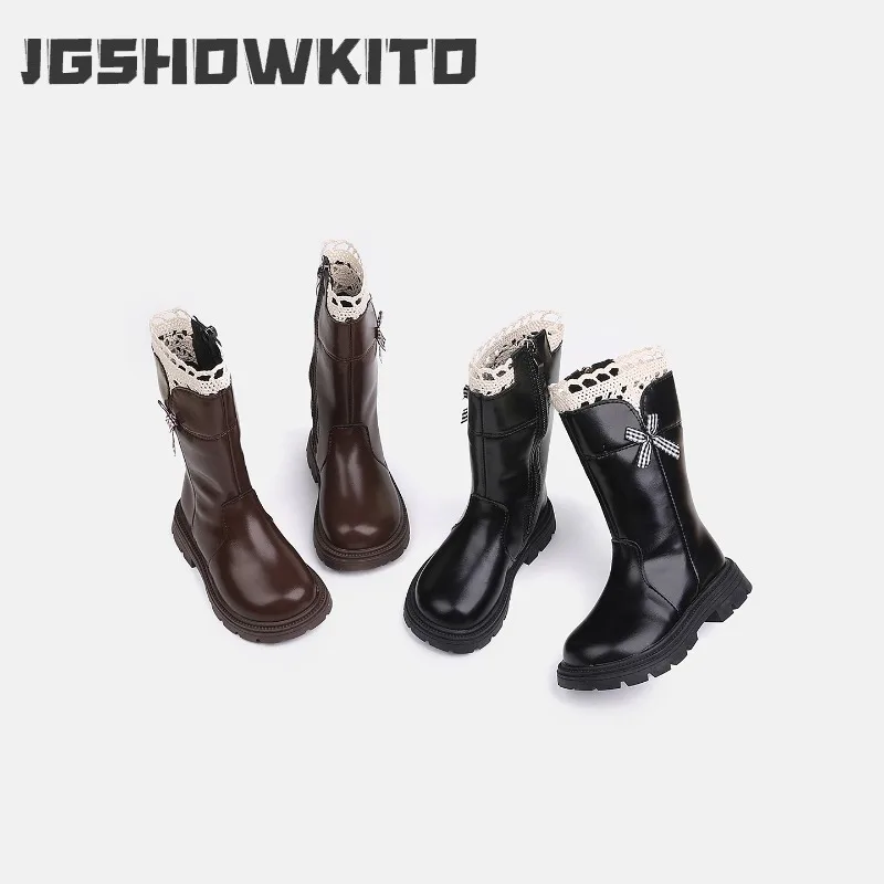 JGSHOWKITO Fashion Kids Boots Lace Ruffled Edge Girls Princess Mid-calf Boots Causal Thermal Non-slip Children Warm Cotton Boots