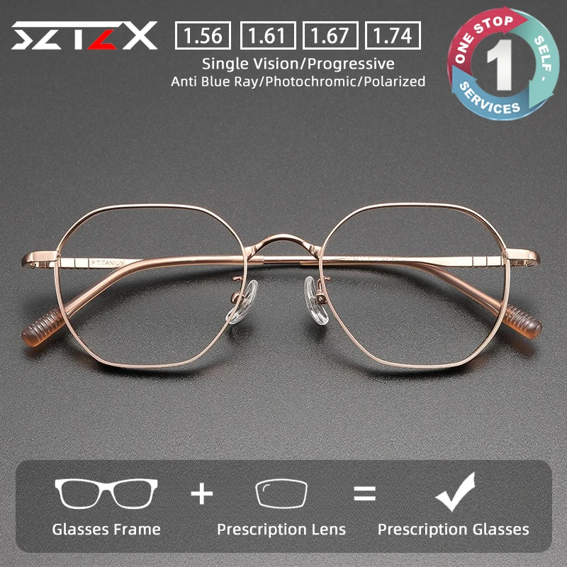 

SZTZX Retro Lightweight Pure Titanium Prescription Glasses Anti Blue Light Polygon Myopia Glasses Progressive Reading Eyewear