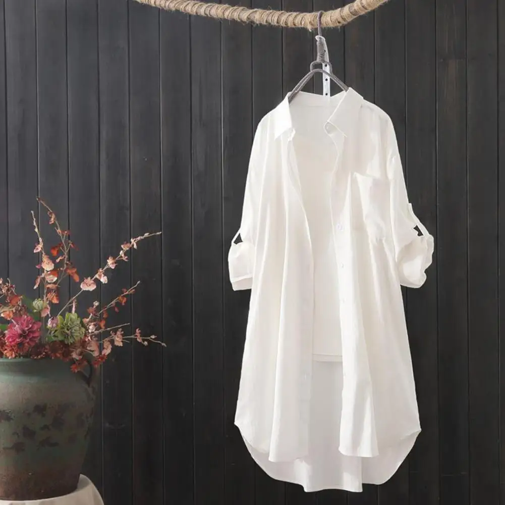 Lady Fall Spring Shirt Coat Women Shirt Long Sleeve Irregular Hem Mid Length Lapel Single-breasted Patch Pocket Cardigan 2025