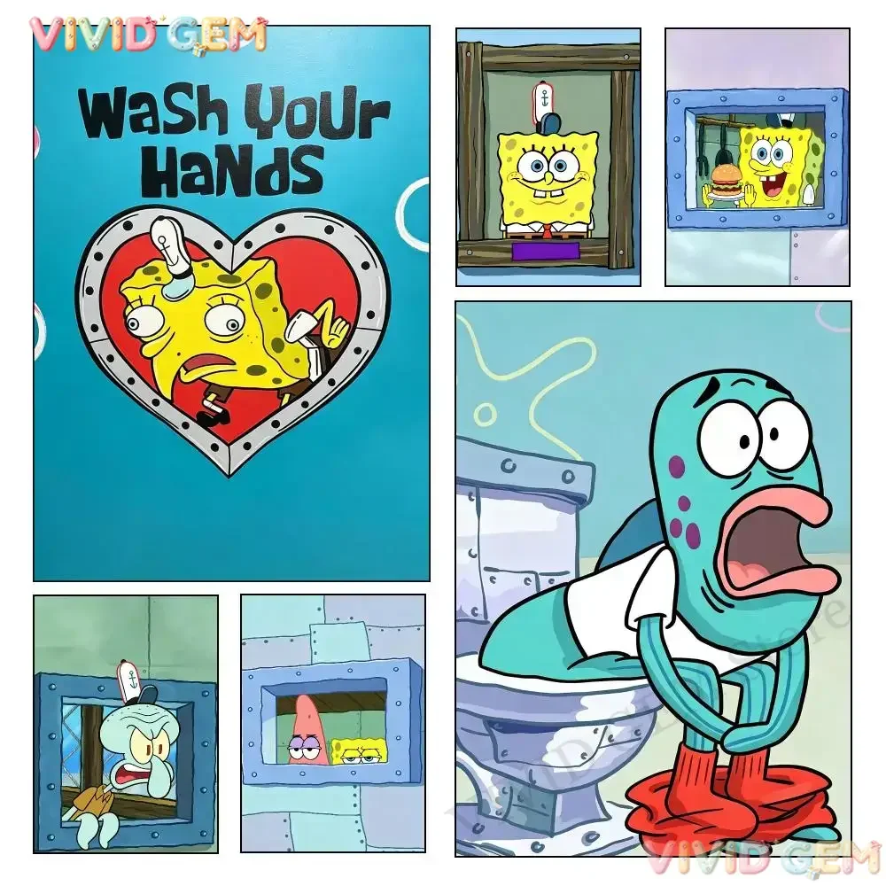 VIVID GEM Cartoon S-SpongeBoB Funny S-SquarePantS Aesthetic Poster High Quality Dorm Living Room Wall Decoration Painting Sti