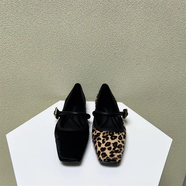 2024 New Women\'s Shoes Fashion Square Toe Leopard Print Ballet Flat Shoes Casual Breathable Outdoor Ladies Mary Jane Shoes Mujer