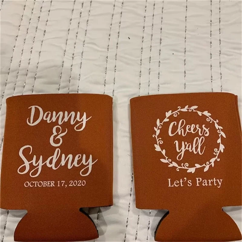 Cheers Wedding Can Coolers, Custom Wedding Can Cooler favors, Cheers Beer Can Sleeves, Floral Wreath Wedding Can Coolers