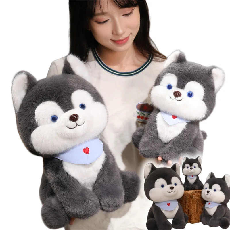 

New High Quality Blue Scarf Husky Animals Plush Dolls Gray Dog Pillow Funny Super Soft Room Decor Birthday Gifts For Kids