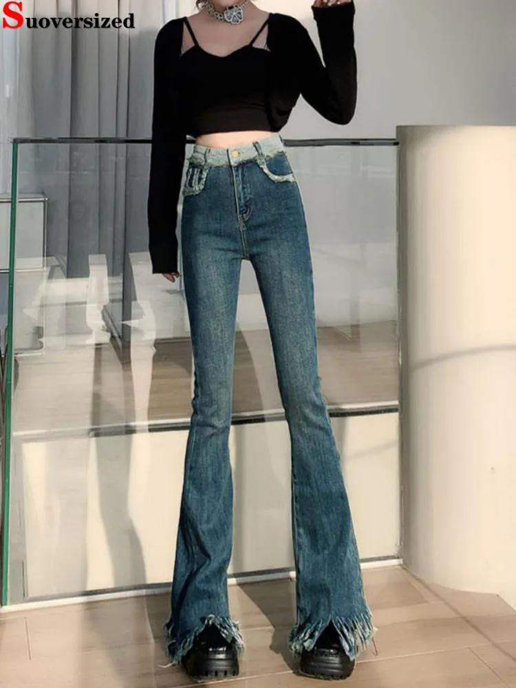 

Vintage Fringed Bootcut Patchwork Jeans High Waist Slim Wide Leg Denim Pants Women's Casual Fashion Streetwear Retro Vaqueros