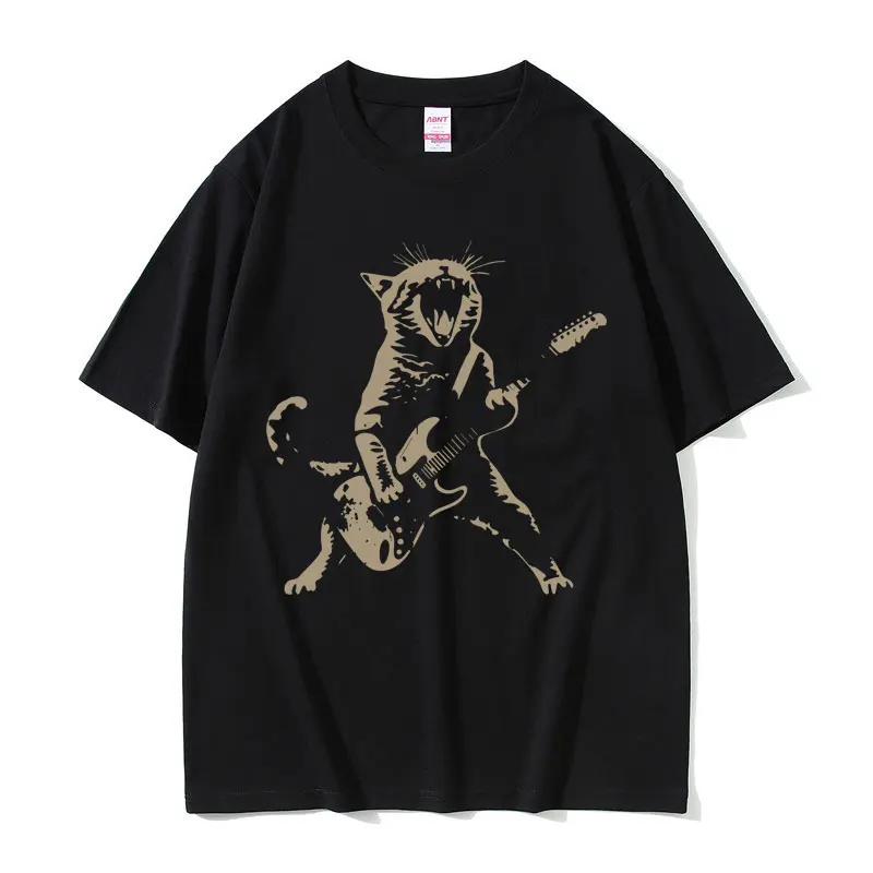 

Rock Punk Playing Guitar Cat Funny Meme T Shirt Men Women Casual Cotton Vintage T-shirt Unisex Oversized Short Sleeve T-shirts