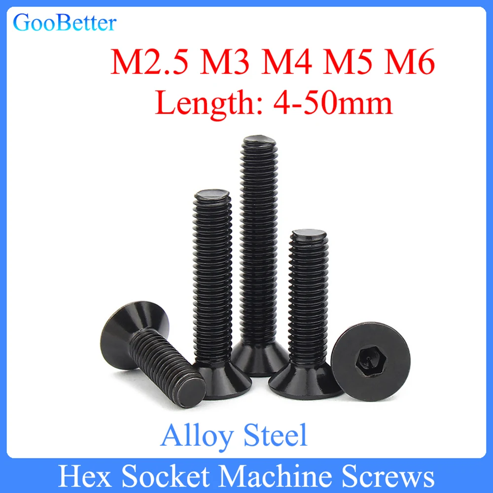 

20Pcs Hex Socket Machine Screws M2.5 M3 M4 M5 M6 DIN7991 Black Alloy Steel Flat Countersunk Head Allen Bolts Screw Length=4-50mm