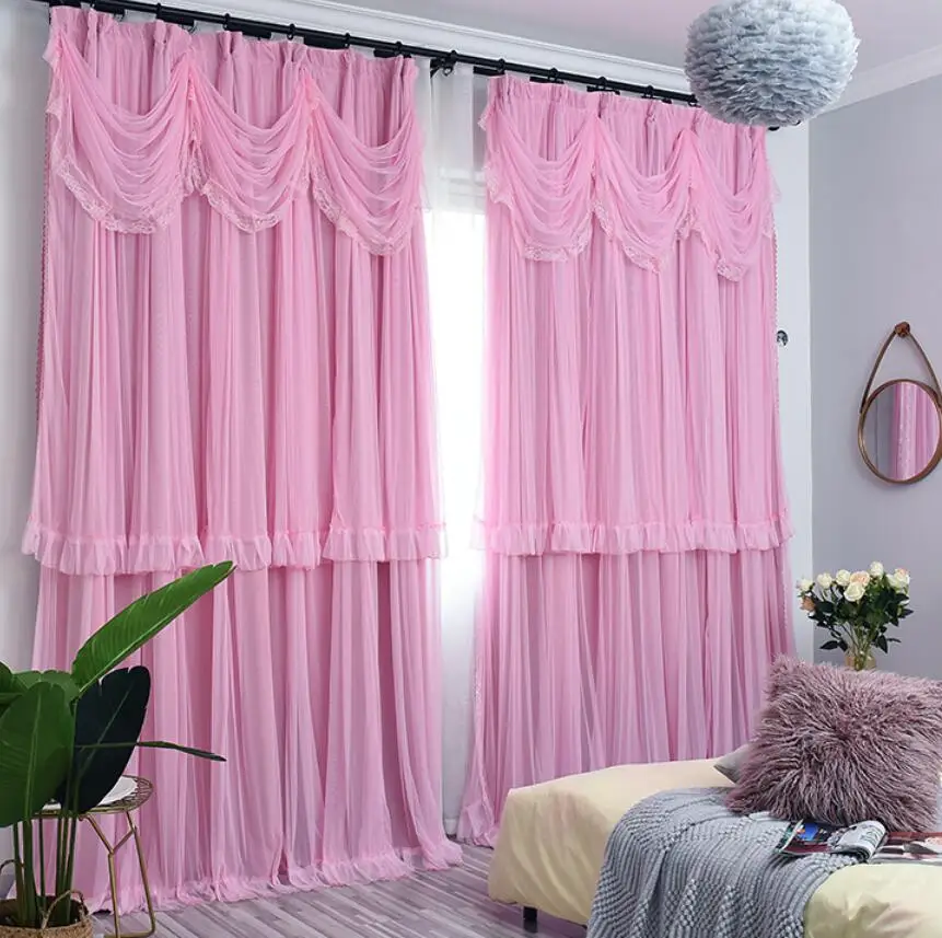 Korean Double Layer Princess Blackout Curtains For Living Room Bedroom Lace Shade Thermal Insulated Curtain With Tulle Panel