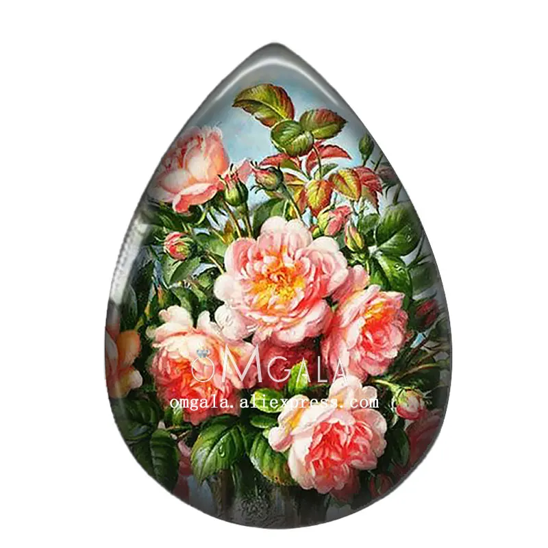 5pairs Beauty Vintage Rose Flower Patterns Water Drop Glass cabochon flat back DIY Earrings Jewelry Making Findings Accessories