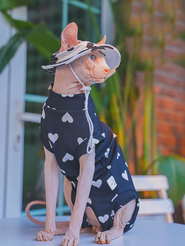 Black Fleece Coat for Sphynx Cat Clothes Summer Spring Loving Heart Soft Sweatshirt  For Devon Rex Cartoon T-shirt For Kittens