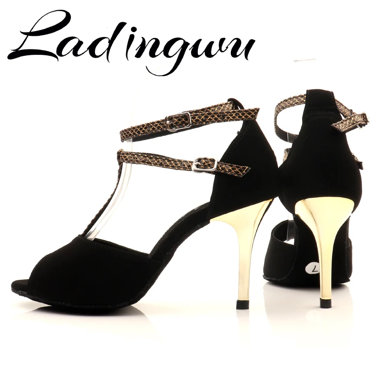 Ladingwu Hot Selling Flannel Black For Women Salsa Dance Shoes Soft Bottom Latin Tango Samba Dance Shoes High Heels 7.5cm 8.5cm