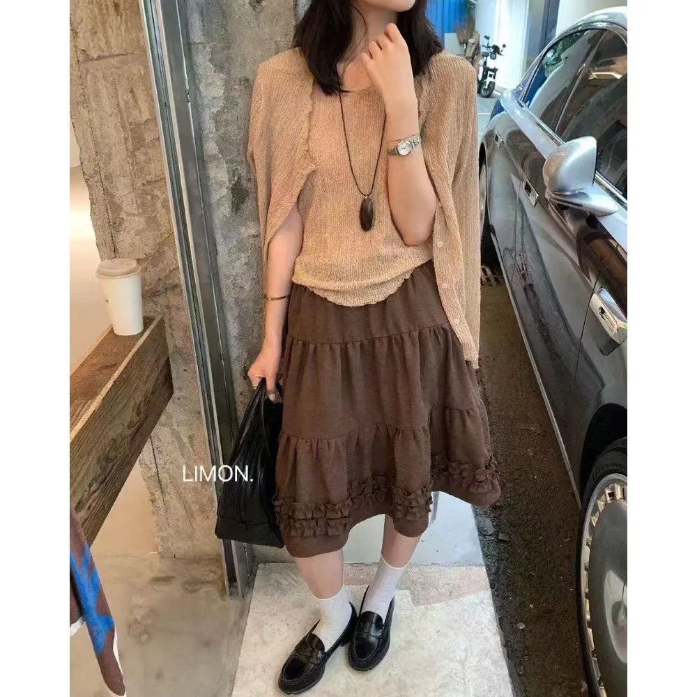 Korean Stacked Wood Grain Cake Half Skirt Elastic Waist Slim Splicing Lace Short A-Line Skirt Women's Fashion Polyester Fiber