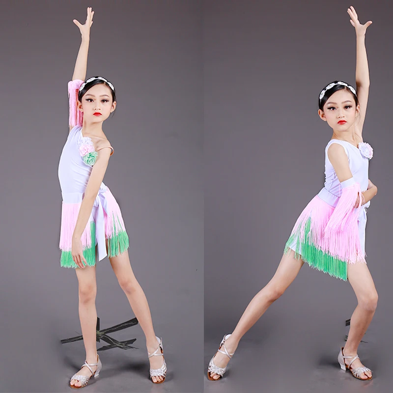 

Oblique Shoulder Latin Dance Top Tassels Skirts Girls Latin Dance Costumes Children Ballroom Dance Dress Practice Wear XS5875