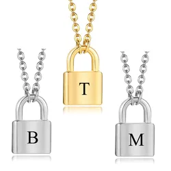 Dropshipping Unisex New Punk Lock Necklace Stainless Steel Padlock Pendant Initial Letter Gold And Silver Color Charm Jewelry