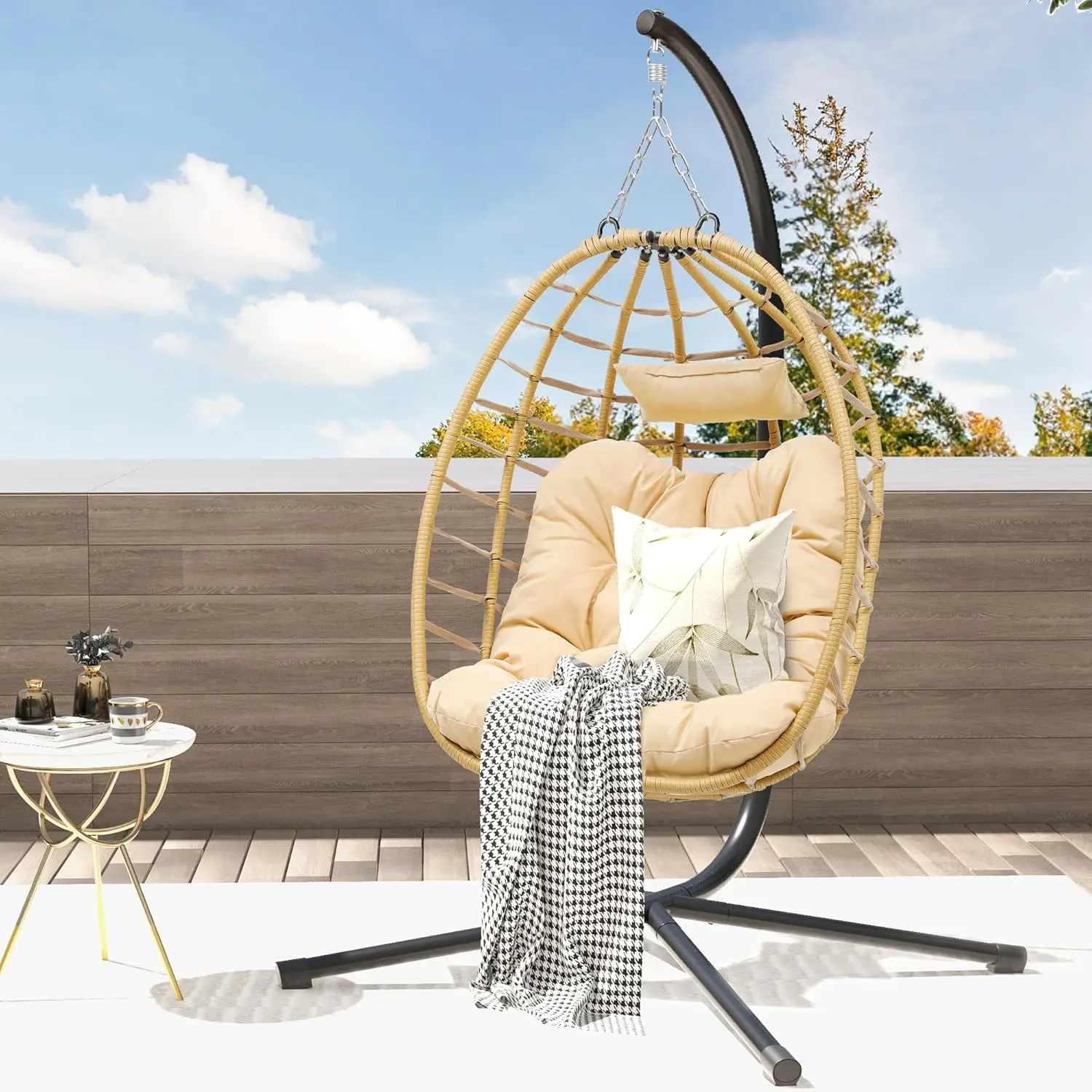 

DWVO Egg Hanging Swing Chair with Stand Egg Chair Wicker Indoor Outdoor Hammock Egg Chair with Cushions 330lbs for Patio, Bedroo