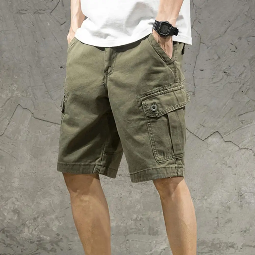 Multi Pockets Button Flying Summer Shorts Mid Rise Solid Color Straight Cargo Shorts Streetwear