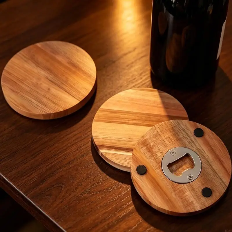 Holzuntersetzer mit Lagerregal, Flaschenöffner für Bier und Getränkebecher, Matte für Zuhause, Küche, Büro und Außenbereich B03E – Detail 7
