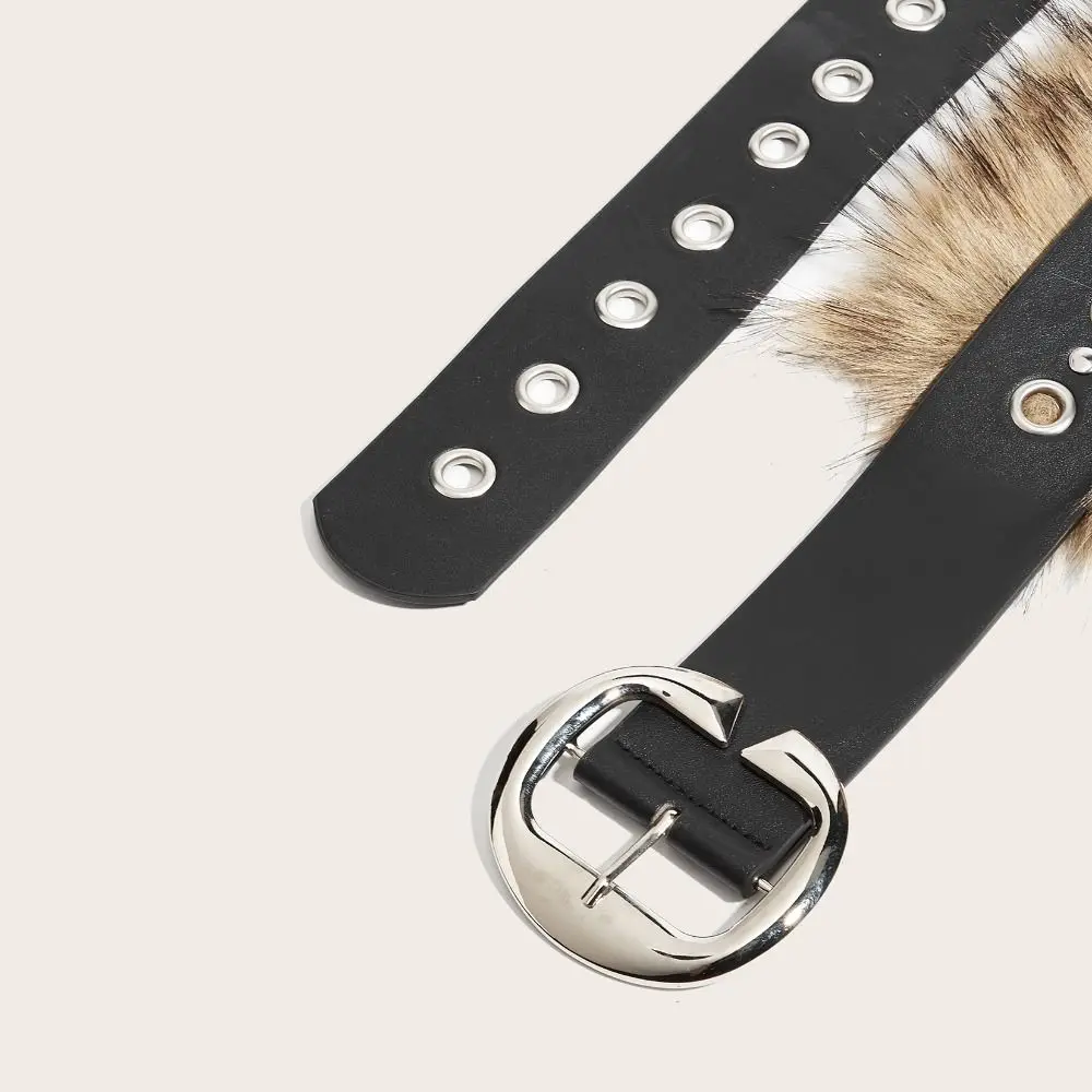 Personality Wide Leather Fur Belt Western Style Metal Buckle Punk Style Belt Jeans Decor Retro Plush Belt Women