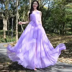 Summer Bohemian Maxi Dress Ladies Party Vestidos New Summer Chiffon Extra Long Large Swing Dress Women Solid Chiffon Beach Dress
