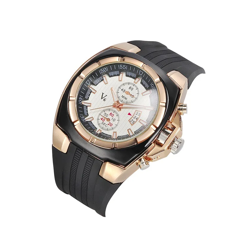 V6 Men\'s Quartz Watch Fashion Creative Black Outdoor Silicone Strap Wrist Watches for Male Boy Date Chronograph Not Available