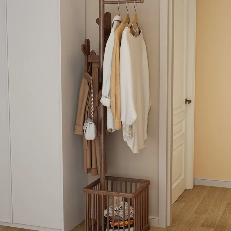 

Solid Wood Hanger Floor Coat Rack Bedroom Movable Household Dirty Clothes Basket Storage Rack Clothes Rack Multifunctional