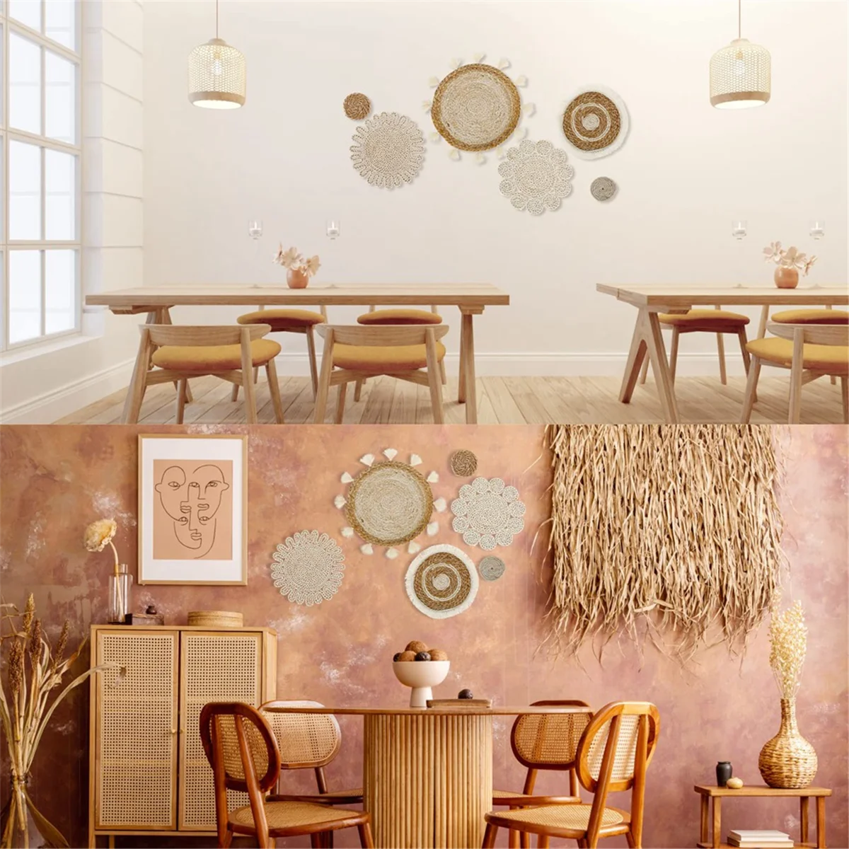 6 pezzi Boho cesto da parete set di decorazioni cestini piatti in rattan intrecciato decorazione da appendere a parete nappe fatte a mano decorazioni per cestini da parete con fiori