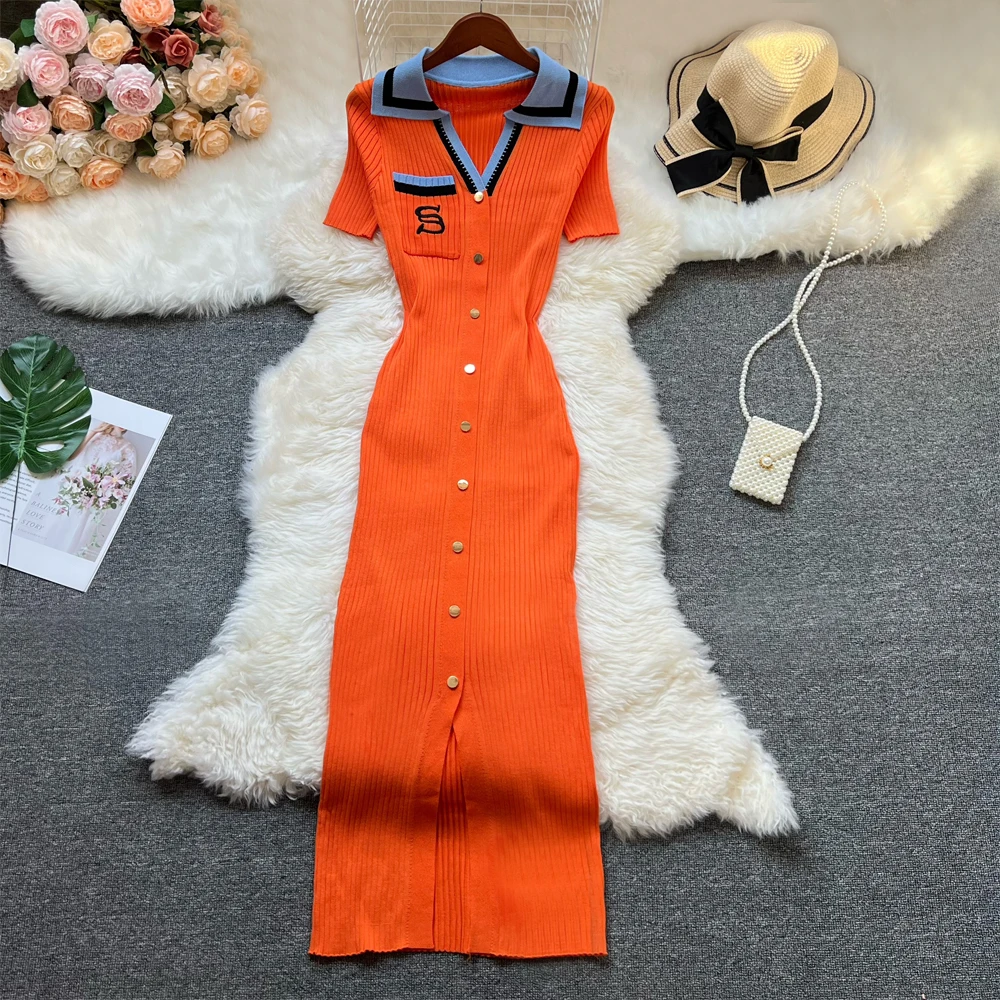 YuooMuoo Chic Mode Sexy Paket Hüften Gestrickte Lange Kleid Frauen Marke Mode drehen-unten Kragen Stickerei Bodycon Hemd Kleid