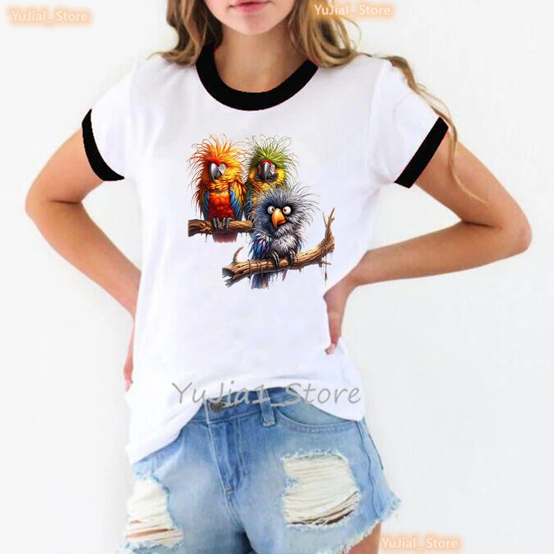 2024 Hot Sale Parrots Printed T Shirt Girls Kawaii Birds Tshirt Women Fall Fashion Tops Tee Shirt Femme Harajuku Shirt