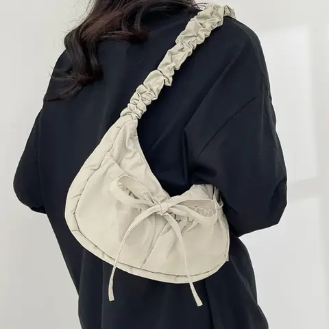 Pleated Strap Women's Sweet Bow Shoulder Bag Solid Color Female Underarm Bags Soft Nylon Ladies Portable Tote Purse Handbags
