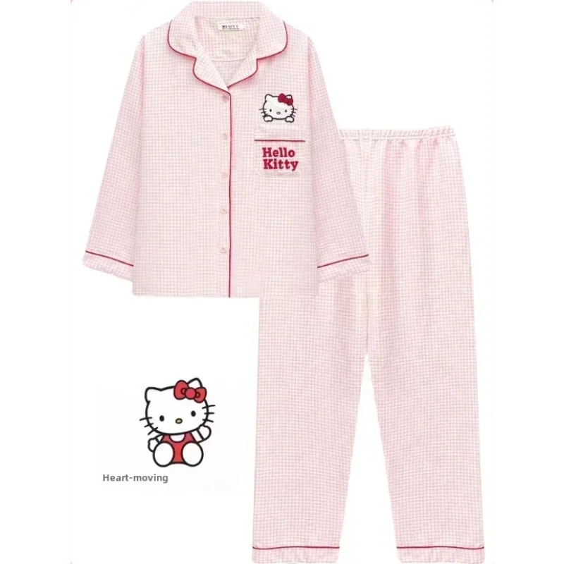 SanrioHello Kitty jedwabna piżama damska bawełniane spodnie z długim rękawem Cartoon dwuczęściowy zestaw piżama damska Homewear piżama zestaw spodni