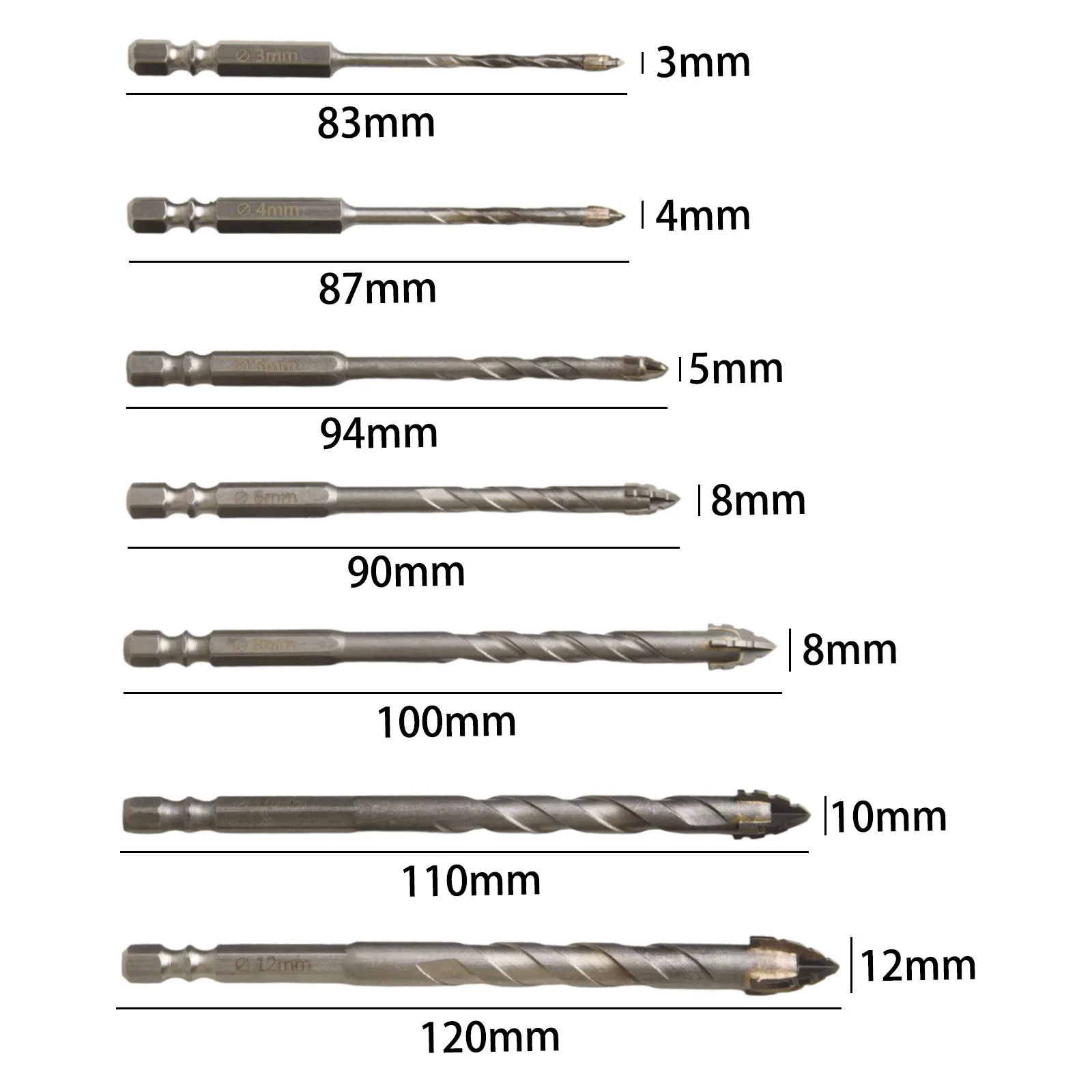 7pcs Eccentric Drill Precision Drilling 3/4/5/6/8/10/12 Mm Four Bladed Glass Tile Ceramic Punching Rock Slab Triangle Drill Bit