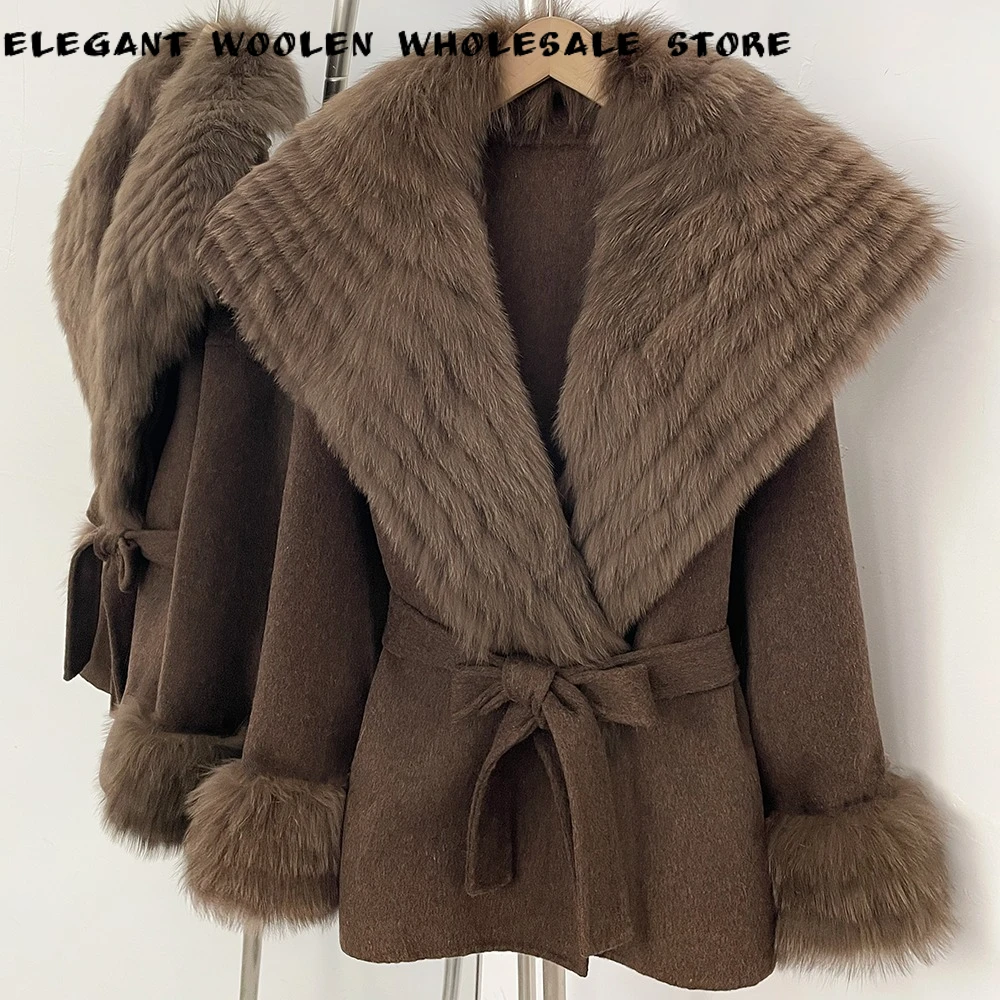 Women's Wool Blends Coat Fitted Short Wool Coat with Wide Shawl Fur Collar Self Tie Belt Warm Winter Old Money for Evening Wear