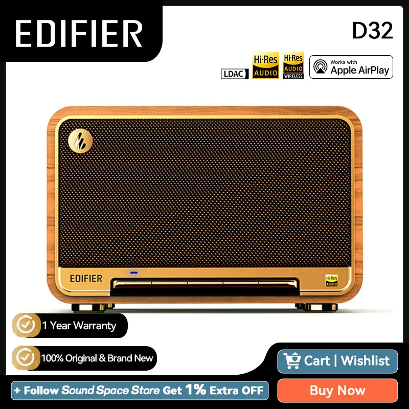 Edifier D32 Tabletop Wireless Speaker Retro Bluetooth Speakers Hi-Res LDAC SBC AAC Codecs Type-C Aux Inputs Support Airplay 60W