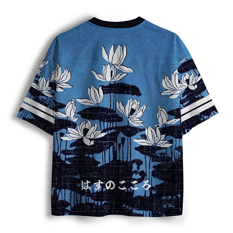 2026 Blue Japanese Lotus Heart Graphic V Neck Mesh Short Sleeve Shirt Unisex Oversized Casual Streetwear Hip Hop Top