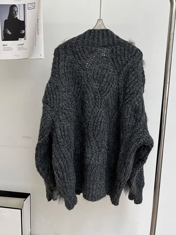 2024 moda feminina outono natural real pele de raposa jaqueta de malha cardigan camisola casaco oversize decoração de pele de raposa senhora