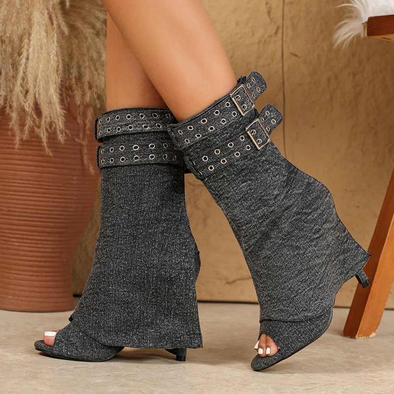 

Liyke 2026 New Peep Toe Grey Denim Ankle Boots For Women Fashion Belt Buckle Strap Spring Autumn Shoes Thin High Heels Booties