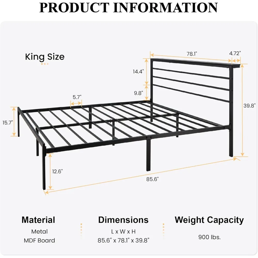 King Size Bed Frame with Headboard Shelf, Heavy Duty Platform Bed Frame with Strong Metal Foundation,No Box Spring Needed, Black