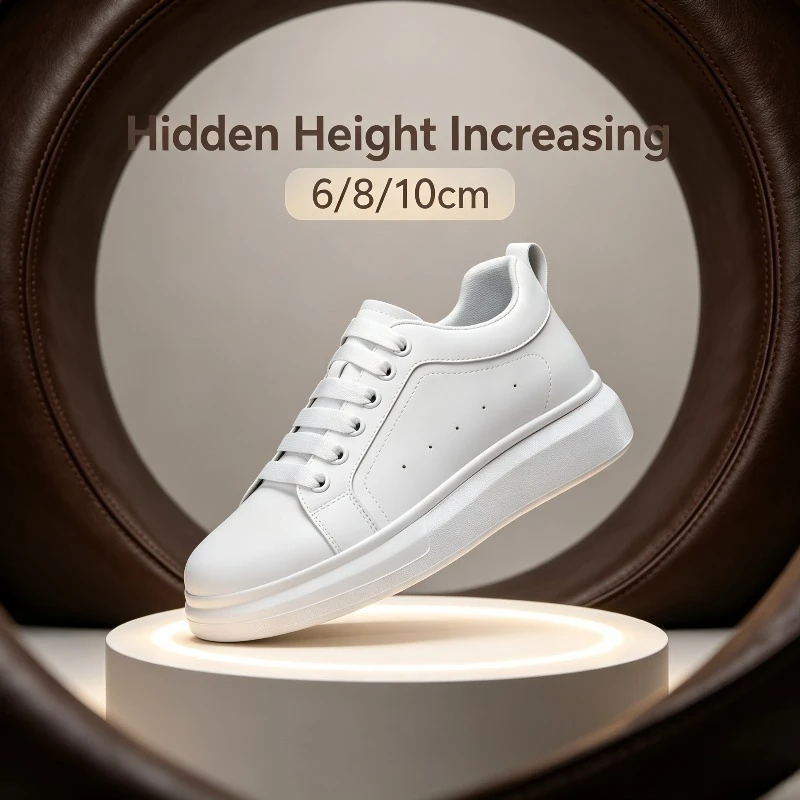 Men White Leather Sneakers Lace Up Hidden Height Increasing 6/8/10cm Thick Platform Sole Flat Casual Shoes Light Non Slip Fashio
