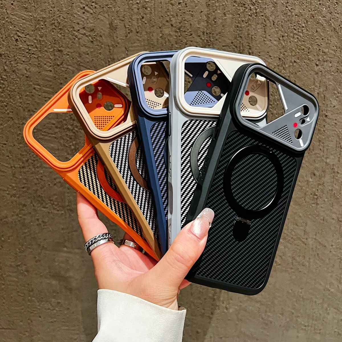 Plating Carbon Fiber Pattern Bracket For Magsafe Magnetic Case For iPhone 17 Air 16 E 15 14 13 12 11 Pro Max Plus Bumper Cover