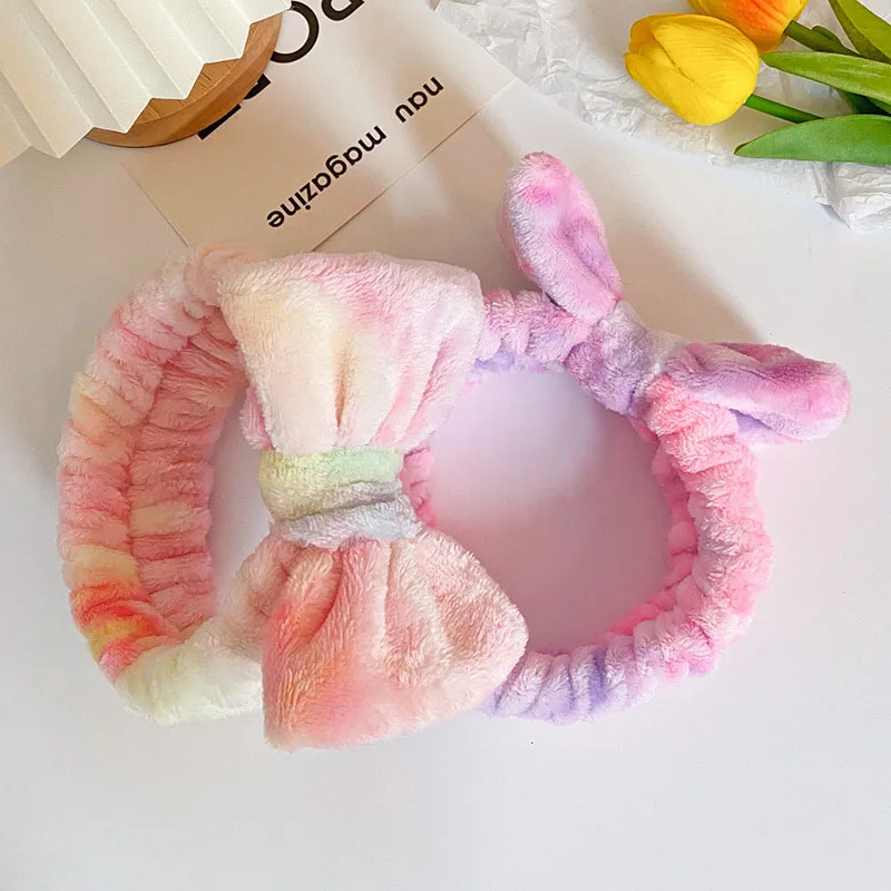 Elastic Lady Colorful Cloudy Print Coral Fleece Shower Make Up Facial Bow Knot Comfortable Skin Care Velvet Decoration Headwraps