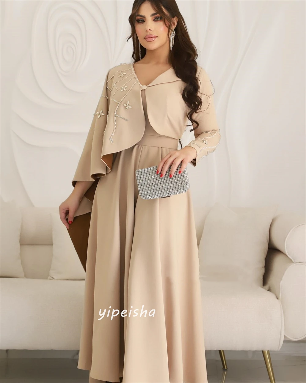 Jiayigong  Classic Modern Style Formal Evening V-Neck A-line Beading Draped Satin Bespoke Occasion Dresses