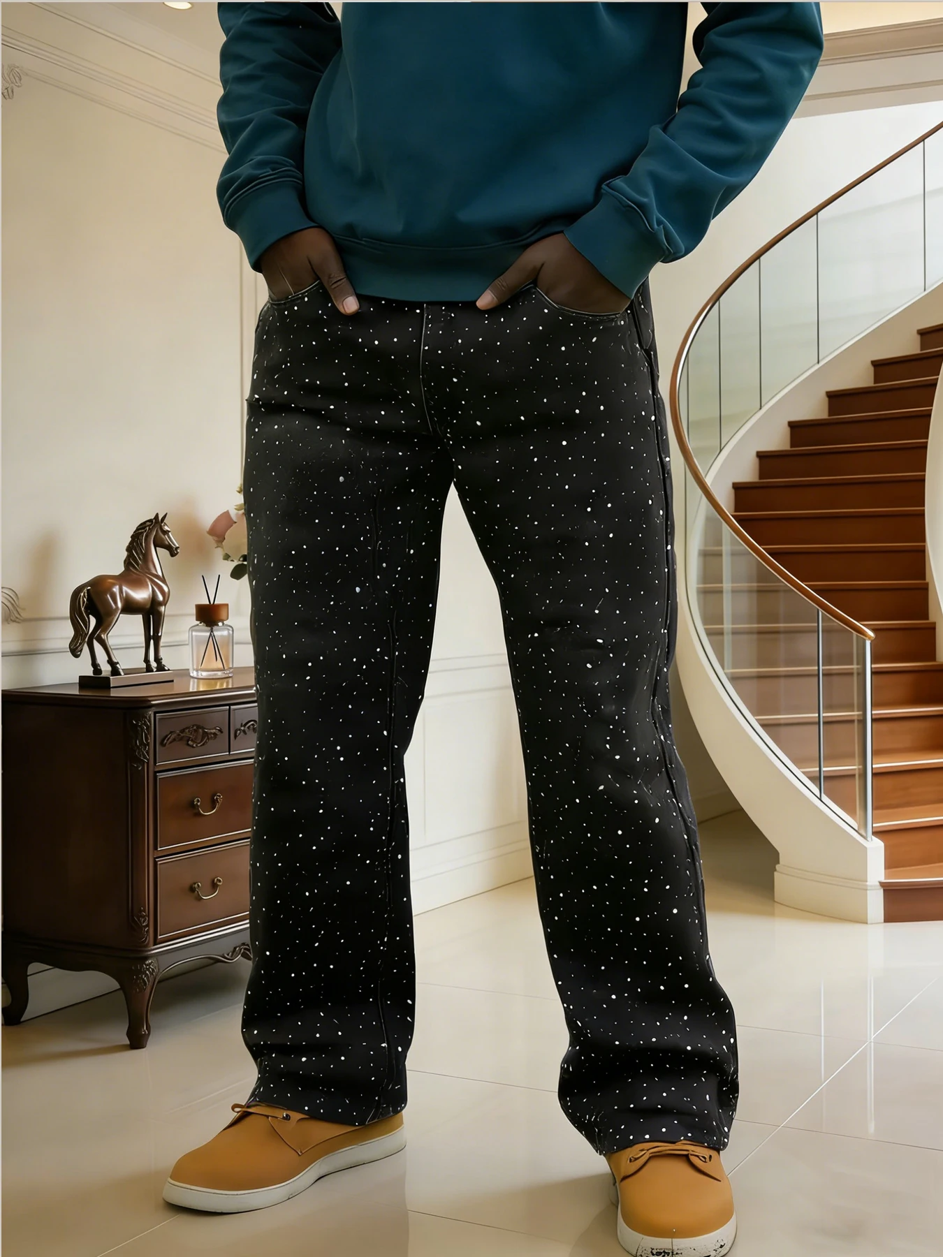 

Мужские джинсы больших размеров в стиле High Street Starry Black, свободного кроя, с широкими штанинами, модные универсальные длинные брюки