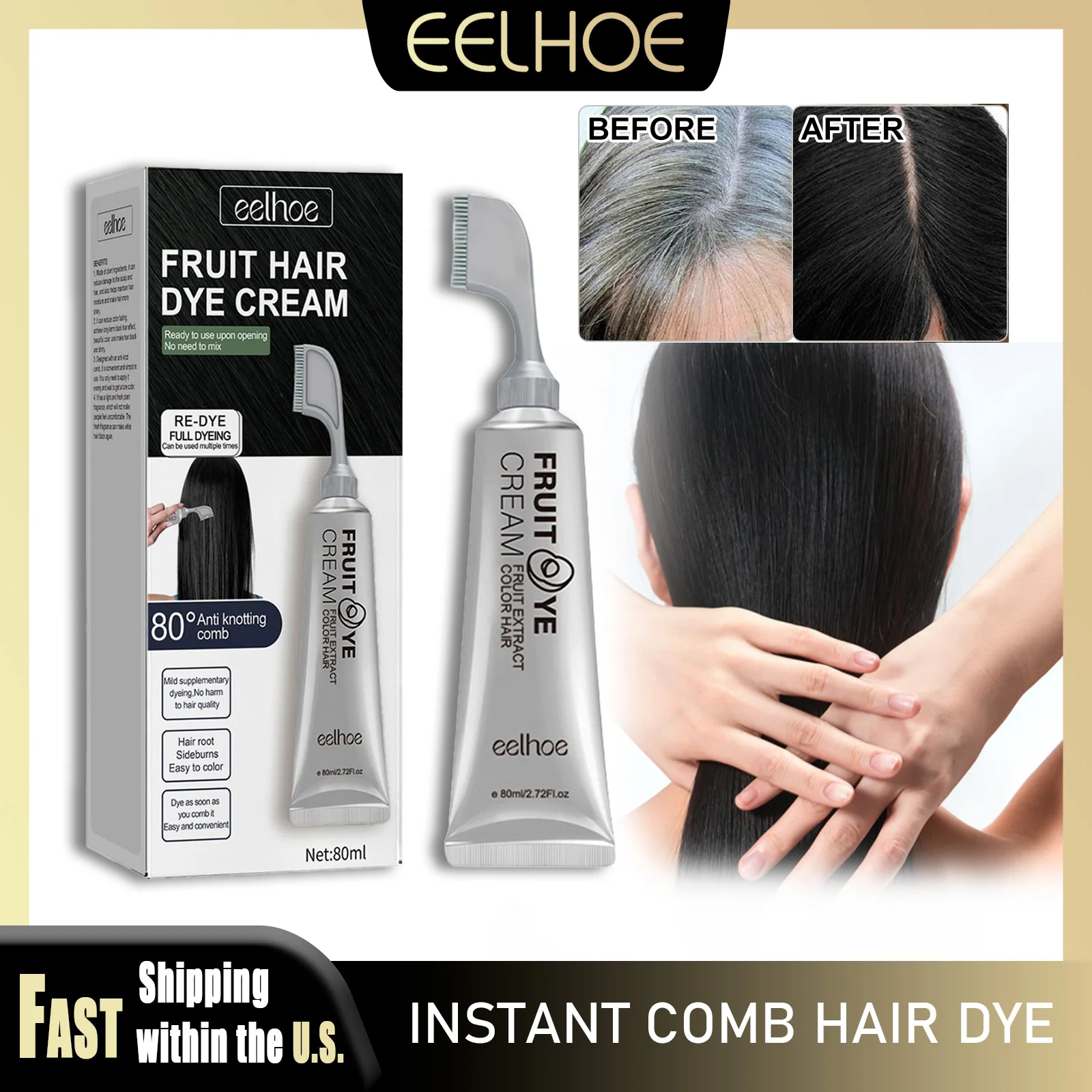 

EELHOE Black Hair Dye Cream With Comb Long Lasting Cover White Grey Hair Root Coverage Safe Pure Plant-Based Wax Fast Coloring