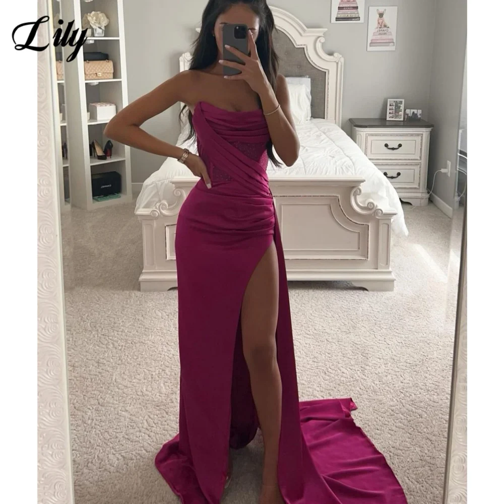 

Lily Fuchsia Elegant Prom Dress Strapless Backless Evening Party Dress with Fishbone Satin Side High Split Prom Gown Customized