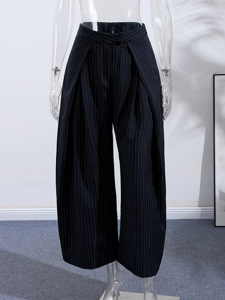 Verstellbare gestreifte Hose für Damen – Streetwear mit hoher Taille, Schnürung, weitem Bein und charmantem Panel-Design – Neu – Detail 21