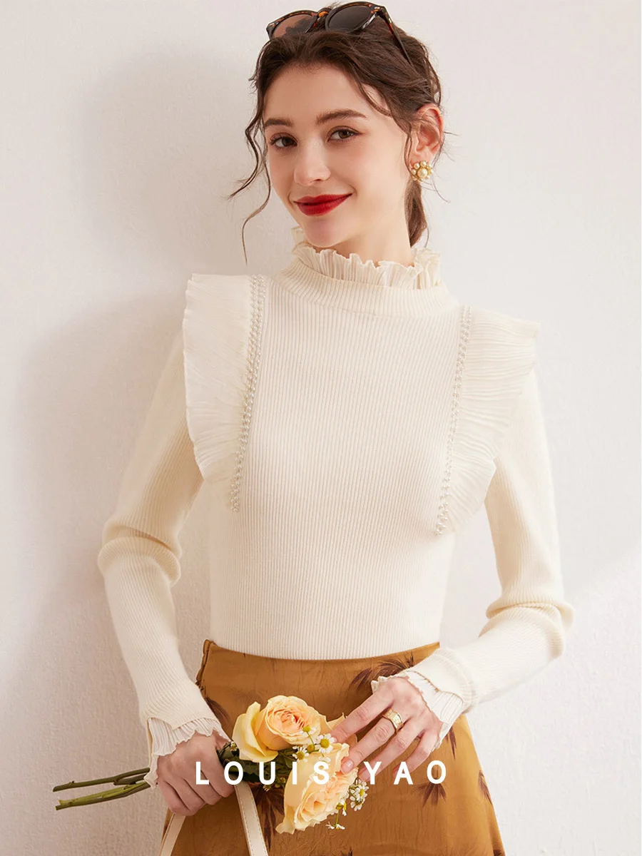 

LOUIS YAO 2025 Autumn/Winter High Collar Splicing Lace Elegant Nail Bead Slimming Long Sleeve Women's Knitted Shirt