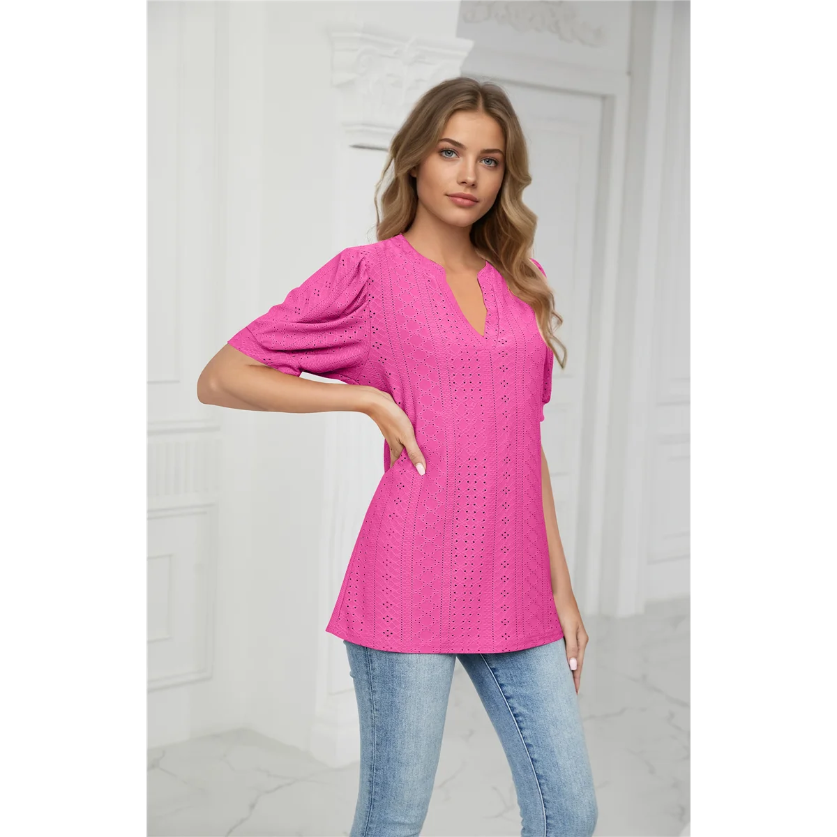 

CYL-Summer Puff Short Sleeve Shirts Rose Red L