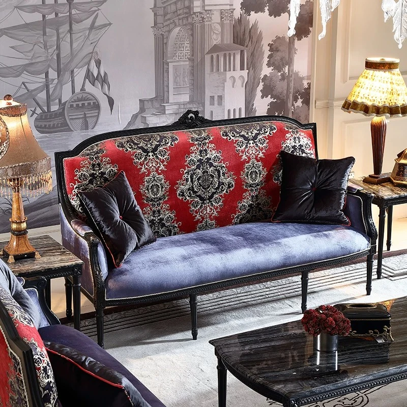 French Chinese style retro solid wood carving flower fabric leisure sofa, imported beech luxury villa original furniture