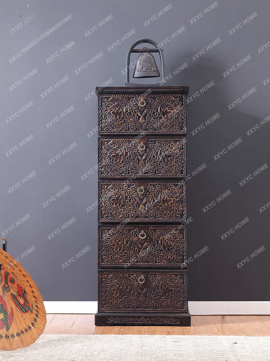 Solid Wood Carved Vintage Chest of Drawers Living Room Locker Furniture Clothes Closet