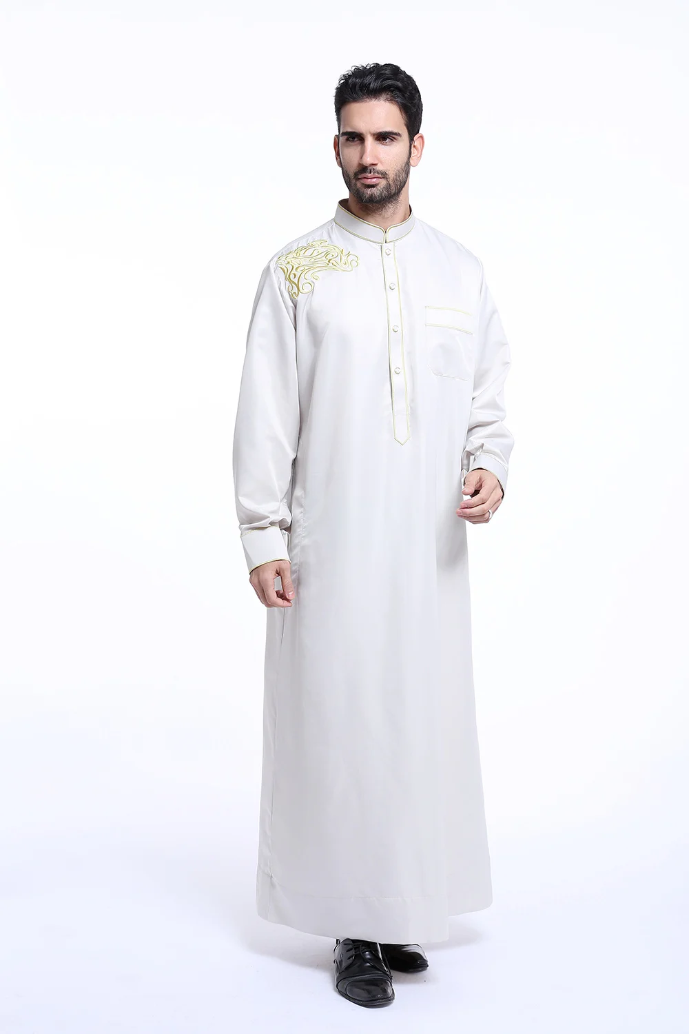 Moda musulmana Uomo Jubba Thobes Arabo Pakistan Dubai Caftano Abaya Vestaglie Abbigliamento islamico Arabia Saudita Abito camicetta lunga nera